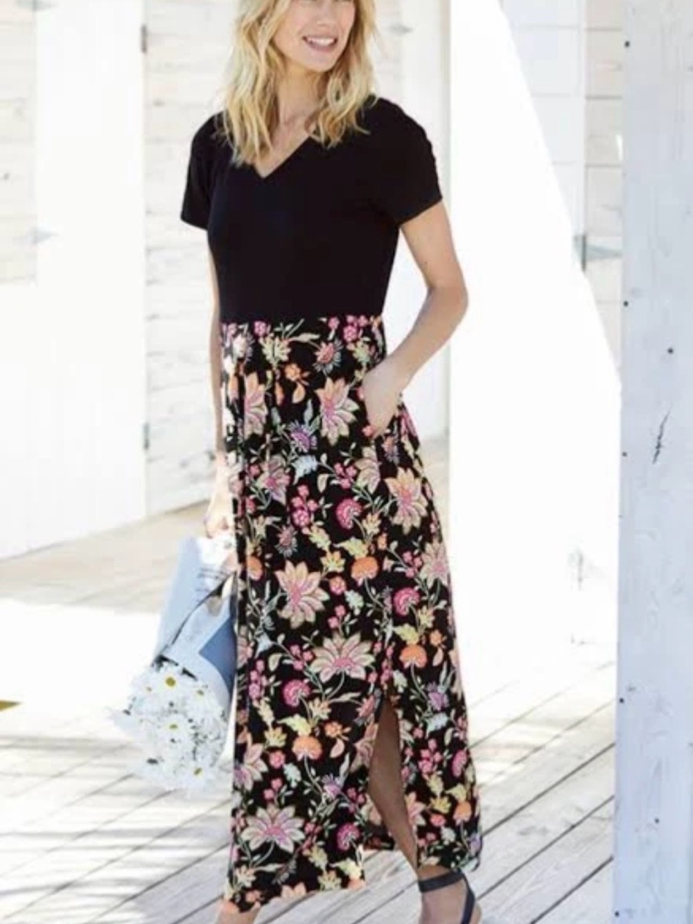 J Jill Floral Maxi Dress Women Sz Medium Tall Slit Resort Mixed Media Cotton